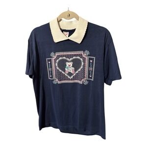 Vintage 90's Collared Jerzees T-Shirt Teddy Bear Heart Grannycore USA Sz L Tub13